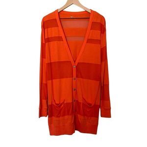 Stem Medium Orange Stripe Long Sleeve Cardigan Front Pockets Sheer Stripes